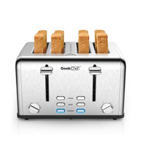 Toaster 4 slices, geek chef stainless steel extra-wide slot toaster, dual control panel with bagel/defrost/cancel function