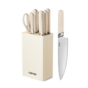 CAROTE 8PCS Kitchen Knife Set, Stainless Steel Razor-Sharp Blade,Essential Knife Set with Block, Dishwasher Safe