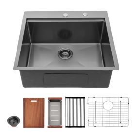 Lordear Drop In Workstation Sink Topmount 16 Gauge Stainless Steel or Gunmetal Black Single Bowl Kitchen Sink (Color: Gunmetal Black, size: 28)