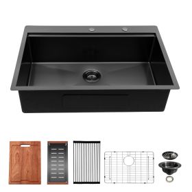 Lordear Drop In Workstation Sink Topmount 16 Gauge Stainless Steel or Gunmetal Black Single Bowl Kitchen Sink (Color: Gunmetal Black, size: 30)