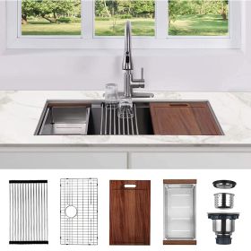 Factory Directly 30 inch or 32 inch  Multi-functional OEM Handmade SUS 304 Stainless Steel Undermount Kitchen Sink Workstation (Straight corner: R0, Thickness: HK3018A1L)